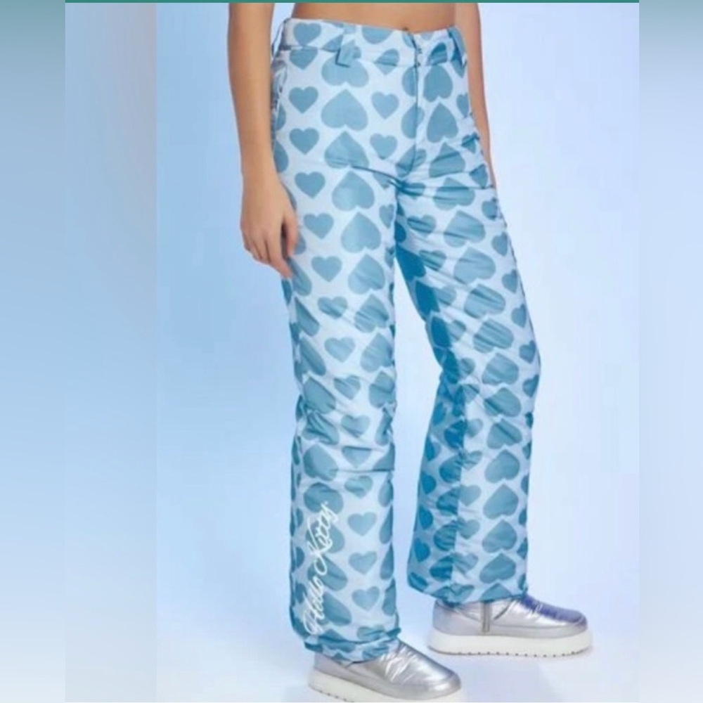 Forever 21 x Hello Kitty Girls Puffer Pants SZ 13/14 Blue Heart Print Insulated